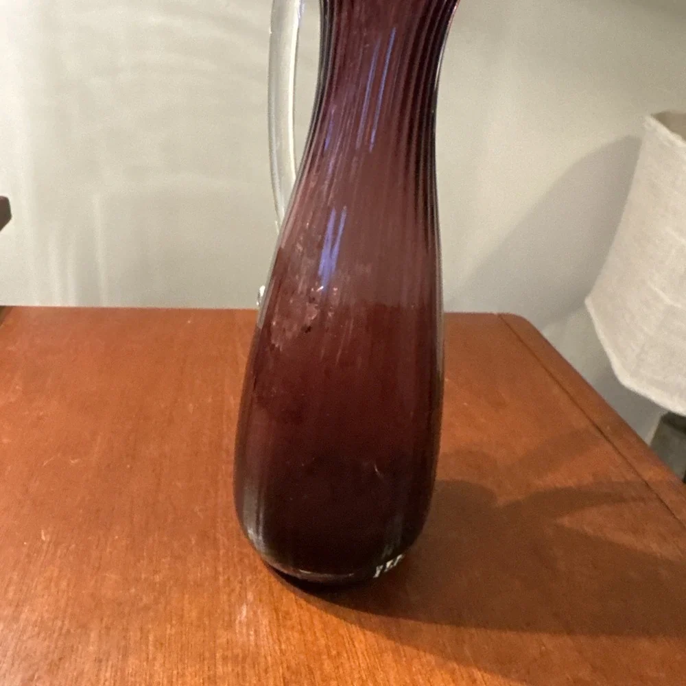 VTG Slender Cranberry Hand Blown Glass Pitcher With Clear Applied Handle 8‎ Inch